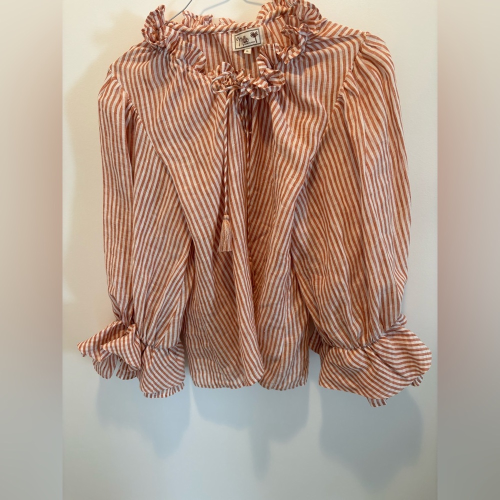 Orange and White Striped Blouse with Ruffles and tassel tie front